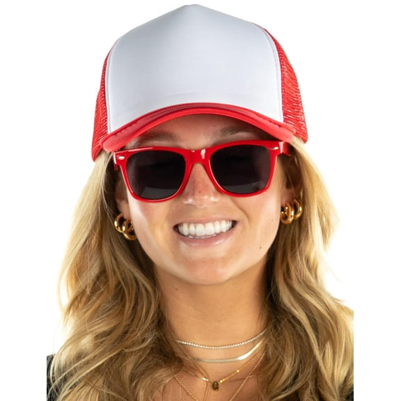 Funky Junque Foam Trucker Hat & Sunglasses Bundle - White/Red & Red Sunglasses