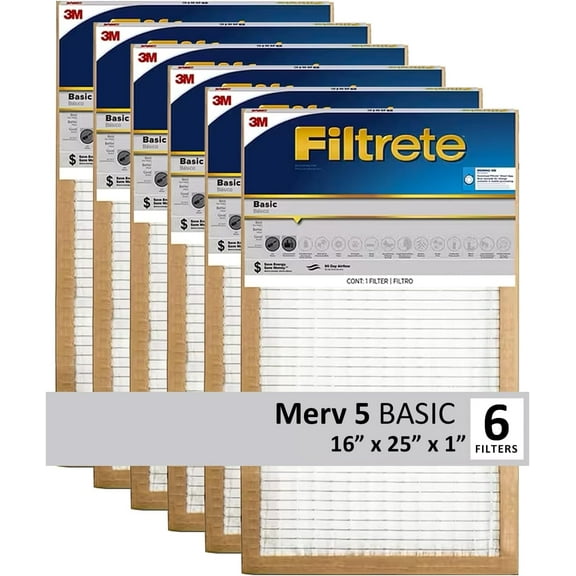 Filtrete 16x25x1 Air Filter, 3M MERV 5 HVAC AC Furnace Filter Replacement, 6-Pack (Actual Size15.69x24.69x0.81 in)