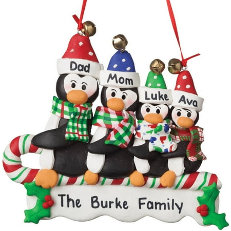 - Personalized Sledding Penguins Christmas Ornament, Family of 4