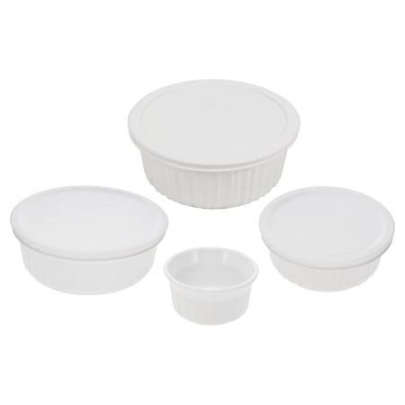 CorningWare Round French White Casserole Dish Set of (1) RS4, (1) FS16 with (1) F-16, (1) FS24 with (1) F-24, and (1) FS5 with (1) F-5-PC Lid