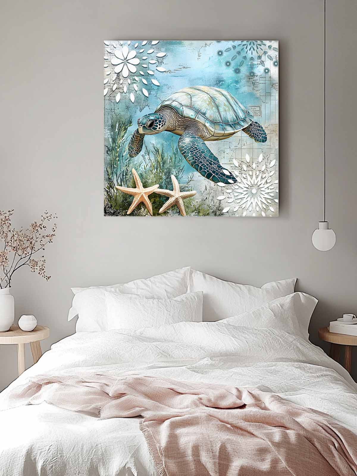 Retro Sea Turtles Canvas Wall Art, Ocean Sea Stars Corals Animal Framed Wall Decor Modern Artwork Prints Painting for Living Room, Bedroom, Kitchen & Cafe Decor 16x16 Inch
