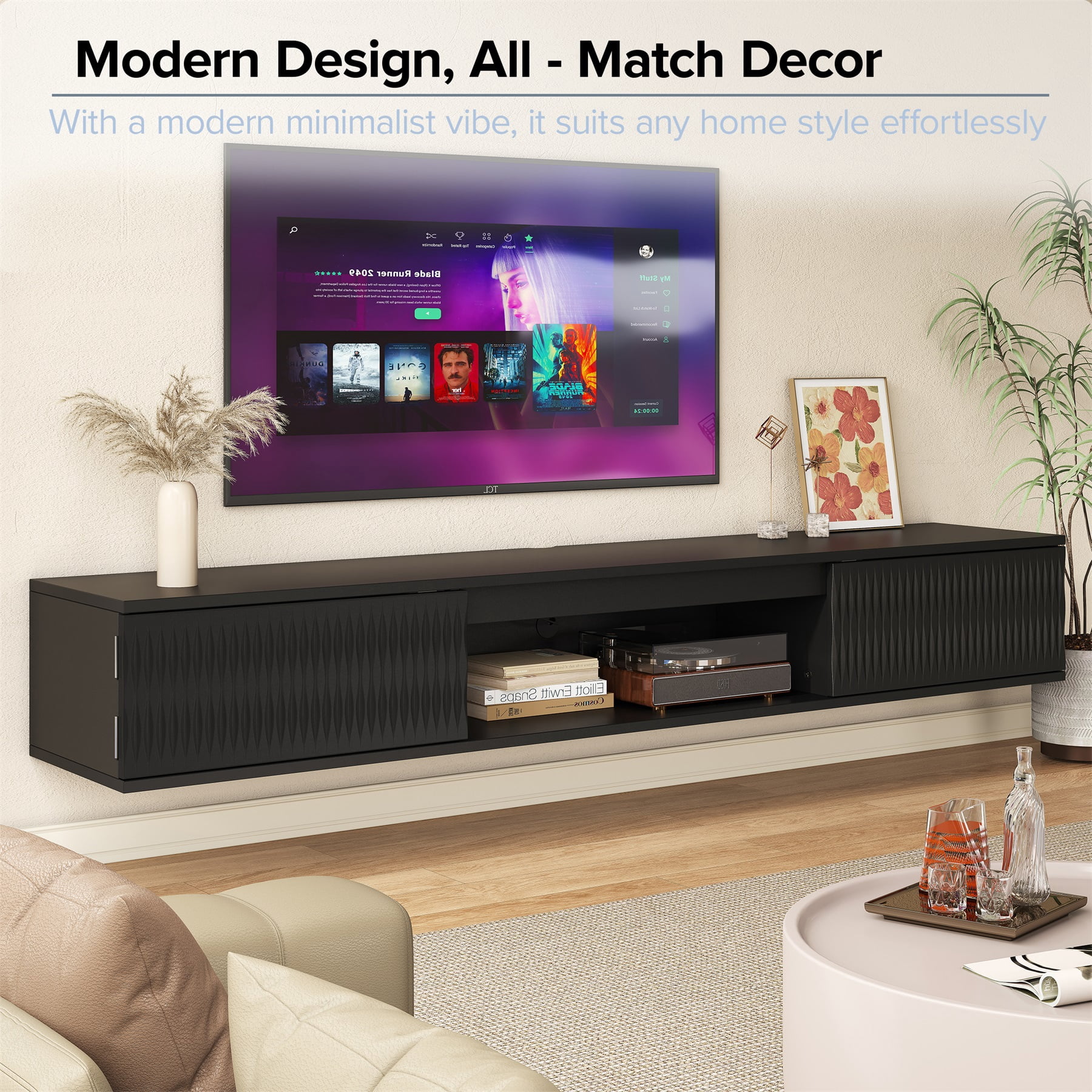 Hommoo Modern LED TV Stand, Carved Surface Wall-Mounted TV Cabinet with Double Doors &Open Shelf, Entertainment Center with Storage, Black
