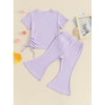 thumbnail image 5 of Musuos Toddler Girls Ribbed Summer Outfits, 9M 12M 18M 24M 3Y 4Y Short Sleeve Round Neck Side Drawstring Tops + Elastic Waist Flare Pants Set, 5 of 10