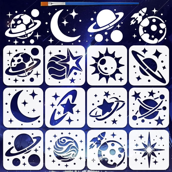 12Styles Planets Pattern Stencils with a Brush 5.9x5.9Inch Moon Stars Painting Stencil PET Solar System Stencil Science Fiction Themes Template
