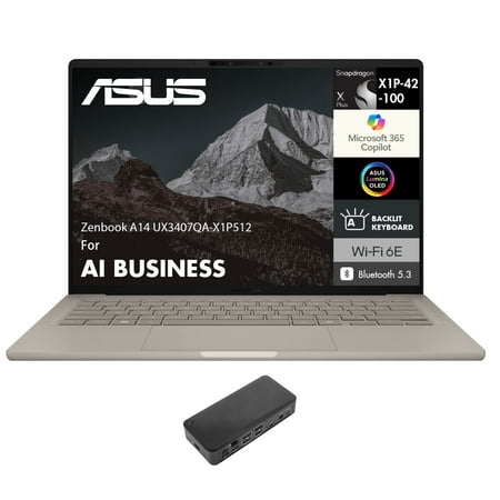 ASUS Zenbook A14 AI Business Laptop 14.0in WUXGA (Qualcomm Snapdragon X Plus X1P-42-100, 16GB LPDDR5X, 1TB PCIe SSD, Qualcomm Adreno, Win 11 Home) w/USB-C Dock