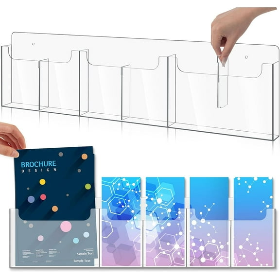 Acrylic Brochure Pamphlet Holder Wall Mount 26.7'' x 7'' Clear Magazine Holder 6 Pockets Brochure Display Stand with Removable Divider for 4'' x 9'', 8.5" x 11" Literature Pamphlet Flyer Holder