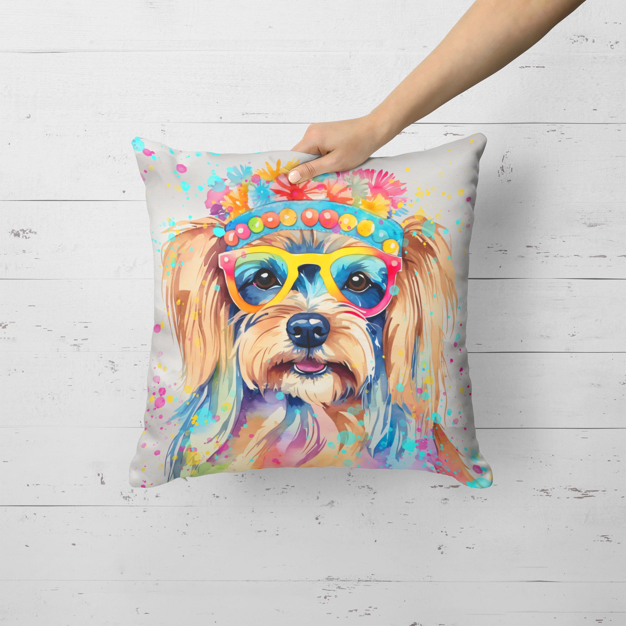 Yorkshire Terrier Hippie Dawg Fabric Decorative Pillow 18 in x 18 in