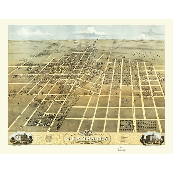 Historic Panoramic View - Champaign Illinois - Ruger 1869 - 23 x 29.37 - Vintage Wall Art