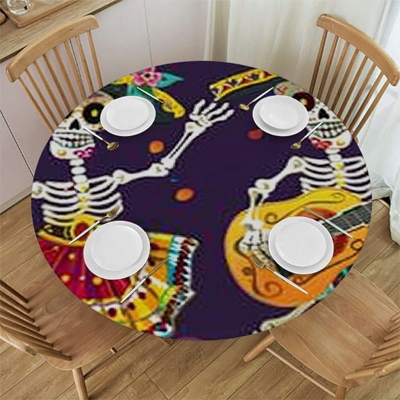 BANET Fitted Round Tablecloth De , Skulls Mexican Costumes Halloween Day of Dead Table Cover,Elastic Edged Table Cloth Fits Round Tables 31"-35