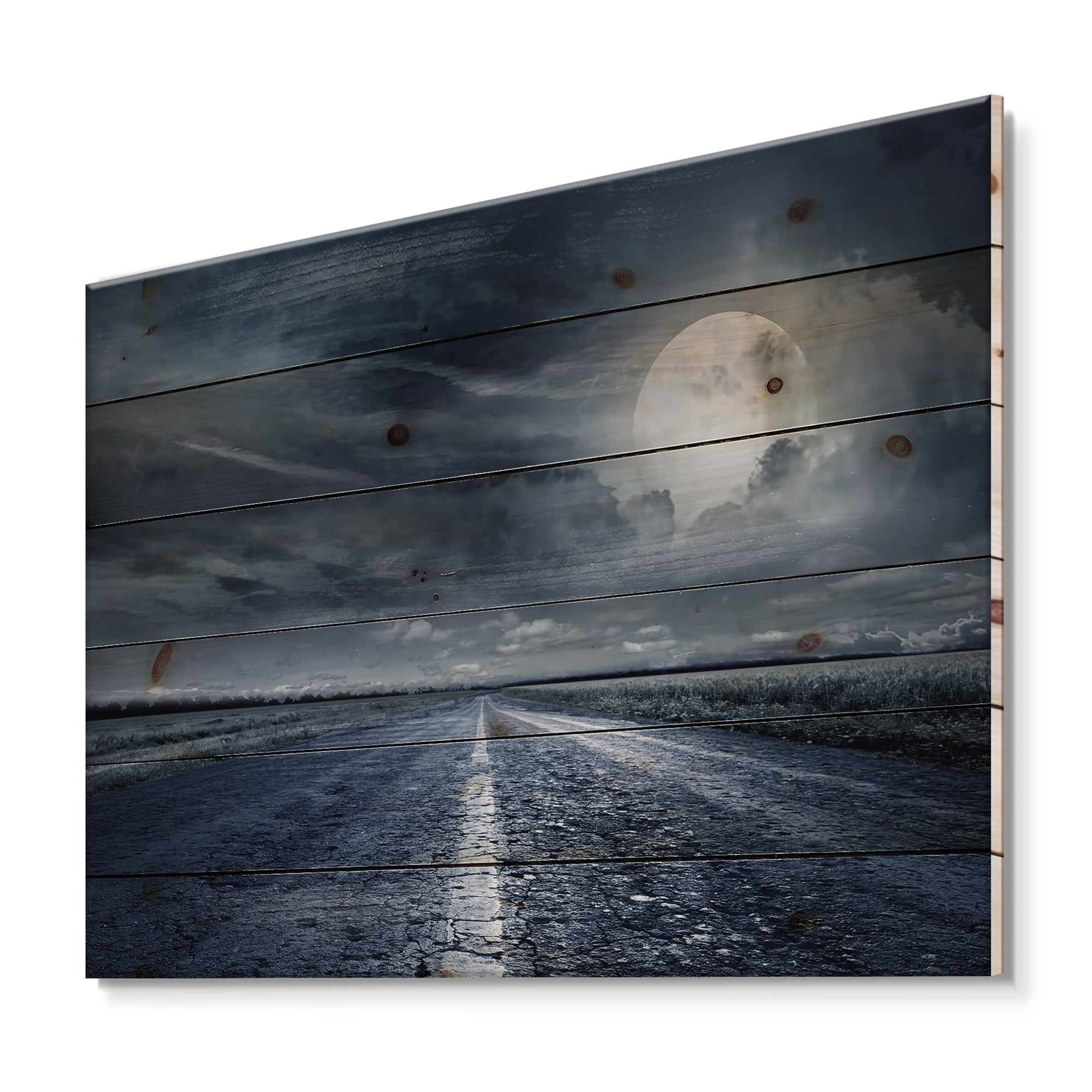 Designart 'Cloudy Full Moon Over Asphalt Road II' Nautical & Coastal Print on Natural Pine Wood