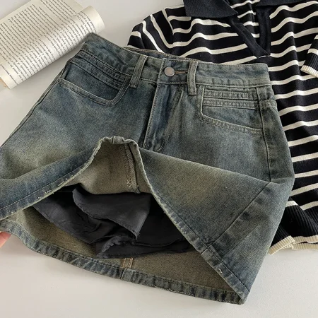 2024 New Retro Dark A Word Denim Short Skirt High Wiast Denim Mini Skirt Women Sexy Tight Bag Hip Skirts Korean Fashion Clothing ZYN
