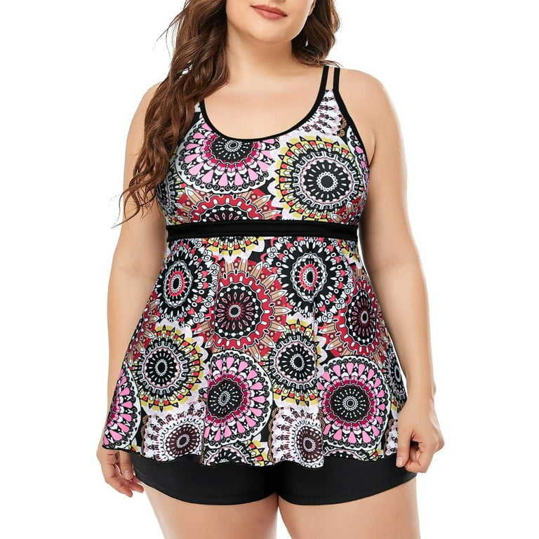 Womens Plus Size 2 Piece Bathing Suits Long Torso Tankini Swimsuits with Boyshorts Tummy Control Swimwear