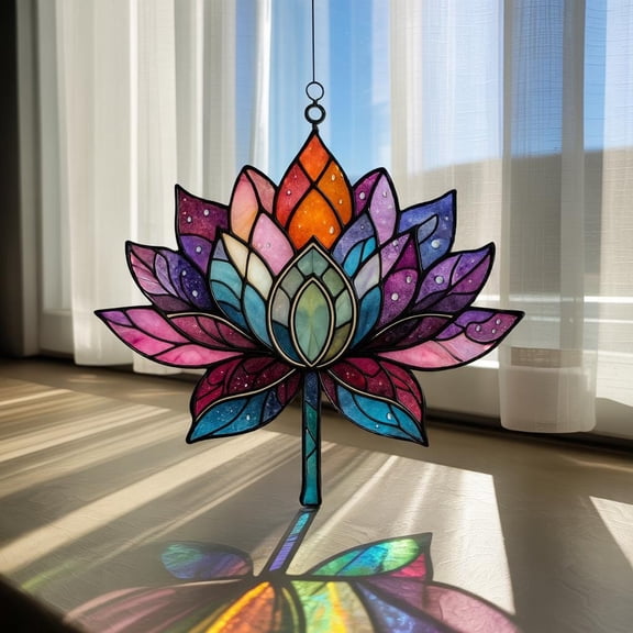 Lotus Flower Suncatcher Stained Glass, Lotus Acrylic Window Hanging Decor, Spiritual Boho Floral Ornament, Cosmic Lotus Light Catcher