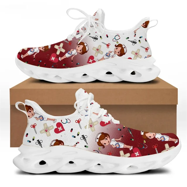 Zapatillas deportivas con degradado para mujer, zapatos de enfermería con bonitos dibujos animados, diseño de marca médica, con cordones, planos, para mujer