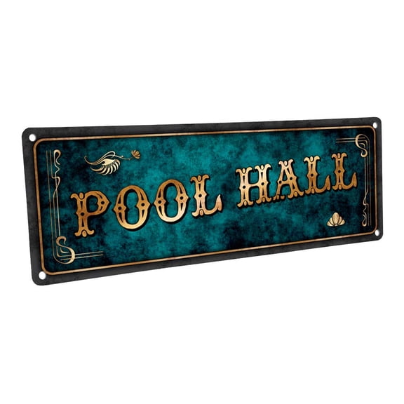 Blue Pool Hall 4"x12" Metal Sign, Wall Décor for Mancave, Den, and Gameroom