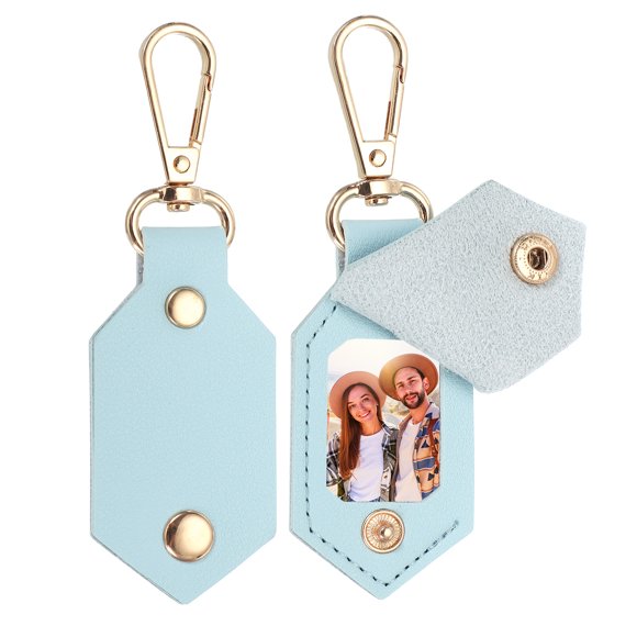 2pcs Custom Leather Photo Keychain Personalized Picture Key Chain, Blue