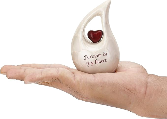 Keepsake Company Teardrop Urn with Red Heart – White Mini or Medium Urn for Human or Pet Ashes – Decorative Cremation Keepsake (3 Inches Tall, 2–3 Teaspoon Capacity)