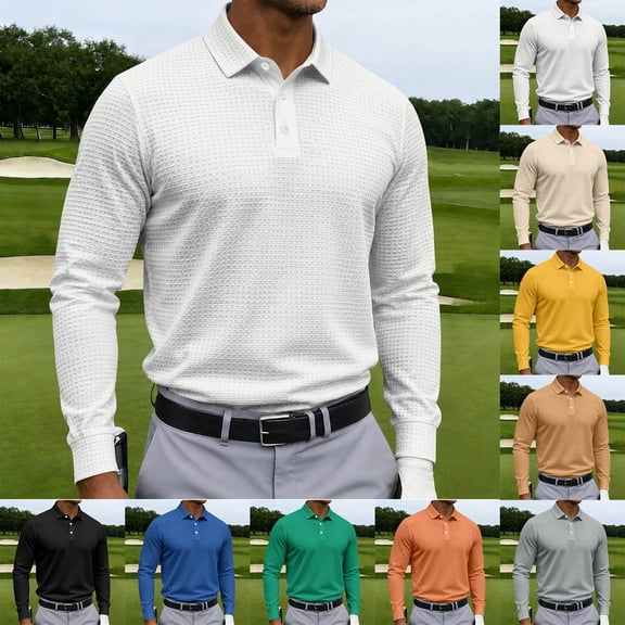 CCRFTGI Mens Long Sleeve Polo Shirts Fashion Casual Button Polo Tee Collared Golf Shirt Beige L