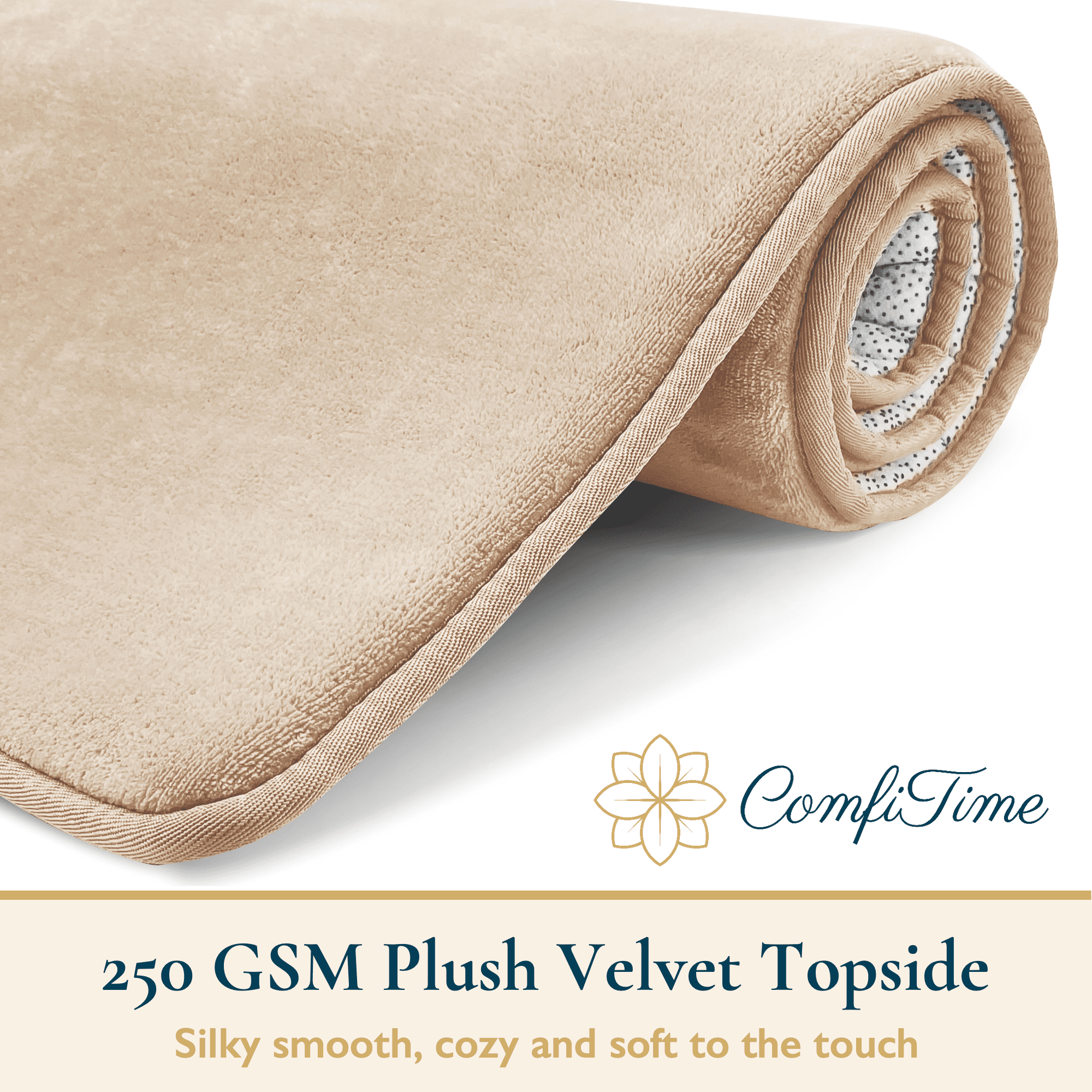 ComfiTime 2 Piece Bathroom Rugs Set – Thick Memory Foam, Non-Slip Bath Mat, Soft Plush Velvet Top, Ultra Absorbent, Small, Large & Long Rugs for Bathroom Floor, Beige, 17*24 & 20*32