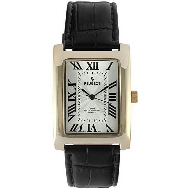 Peugeot Men s Vintage Rectangular 14K Gold Plated Black Leather