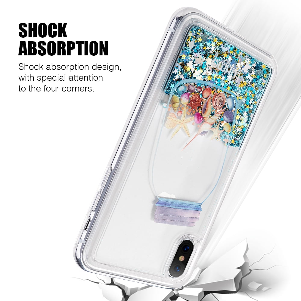 3D Winter Sparkle Glitter Waterfall Phone Case (Seashells) for Apple iPhone XS/X Interactive Water Liquid Cascade Floating Snow Globe Dynamic Transparent Smartphone Cover Ocean Sea Underwater Starfish