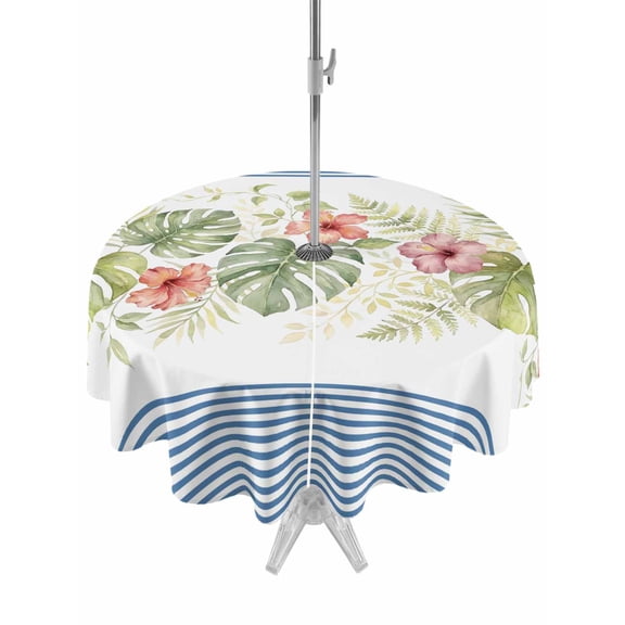 Outdoor Tablecloth with Umbrella Hole for Patio/Picnic/Party/Camping, Tropical Botanical Waterproof Table Cloth Round Cover Washable, Pastoral Leaves Floral Blue Stripes (Dia 54")