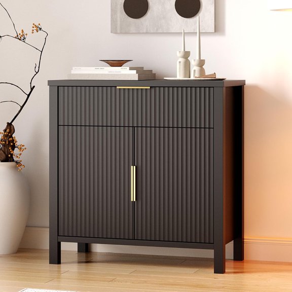 Fluted Buffet Cabinet with Drawers,32'' Sideboard Storage Cupboard Adjustable Shelves for Dinning Room, Kitchen, Living Room,Coffee Bar(32''-Black)