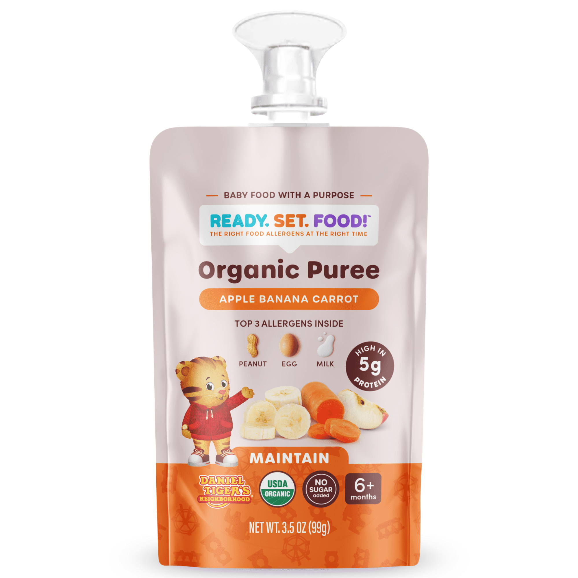 (3 pack) Ready, Set, Food! Daniel Tiger Stage 2 Baby Food, Apple Banana Carrot, 3 Top Allergens, 3.5 oz Pouch