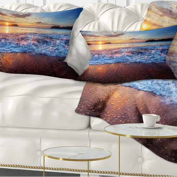 Designart Blue Sea Waves during Sunset - Seashore Throw Pillow - 12x20