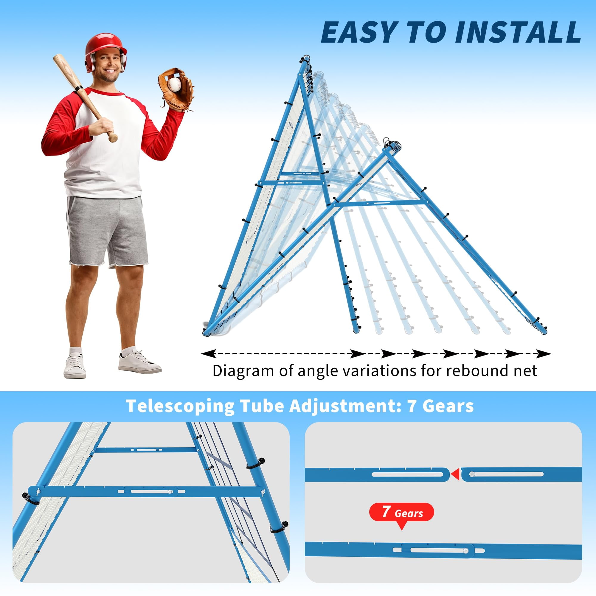 Baseball Rebounder Net, 4x4.5FT 5 Adjustable Angles Baseball Bounce Back Net with UV Resistant, Pitchback Trainer for Ground, Line Drive & Fly Balls