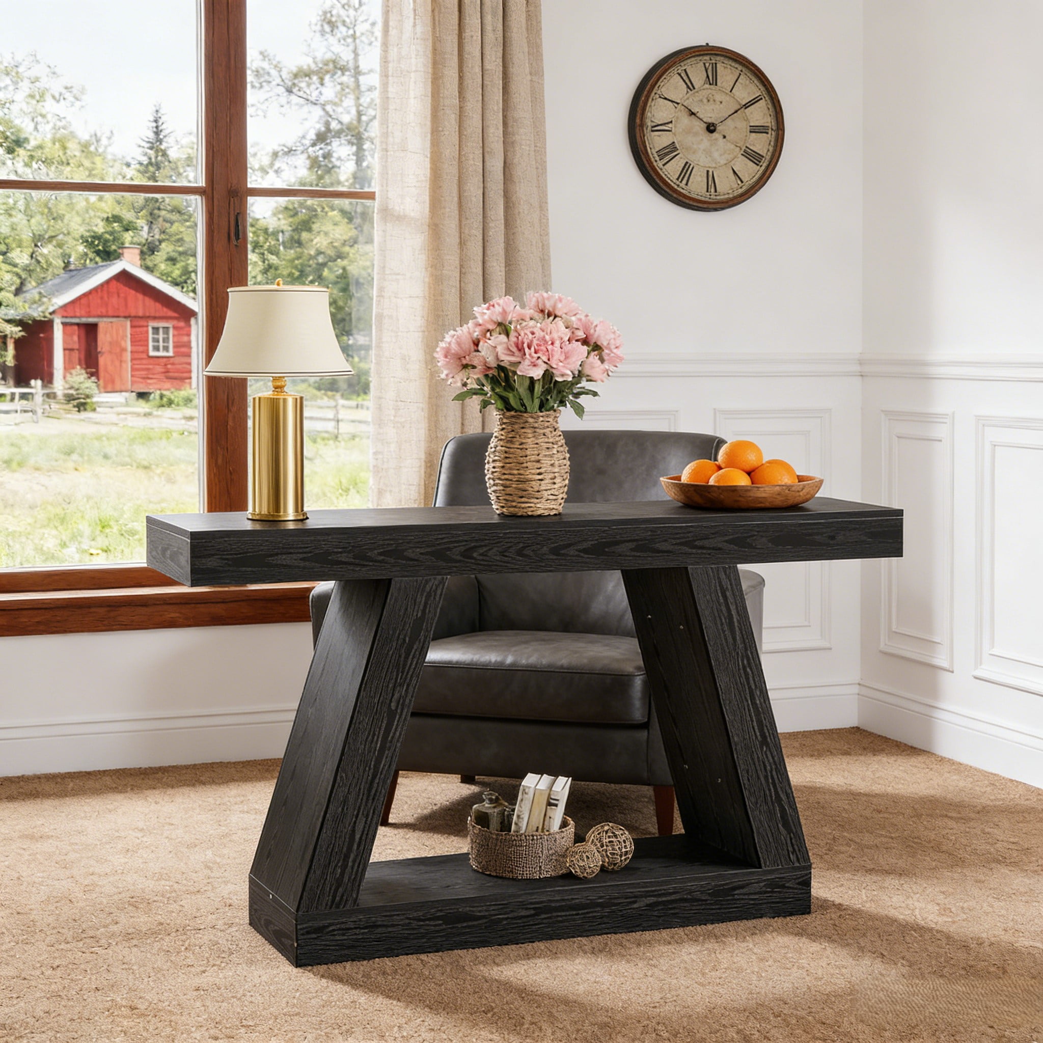 Fnova 55" Farmhouse Console Table, 2-Tier Storage Sofa Table, Long Wood Entryway Table for Hallway, Living Room, Easy Assembly