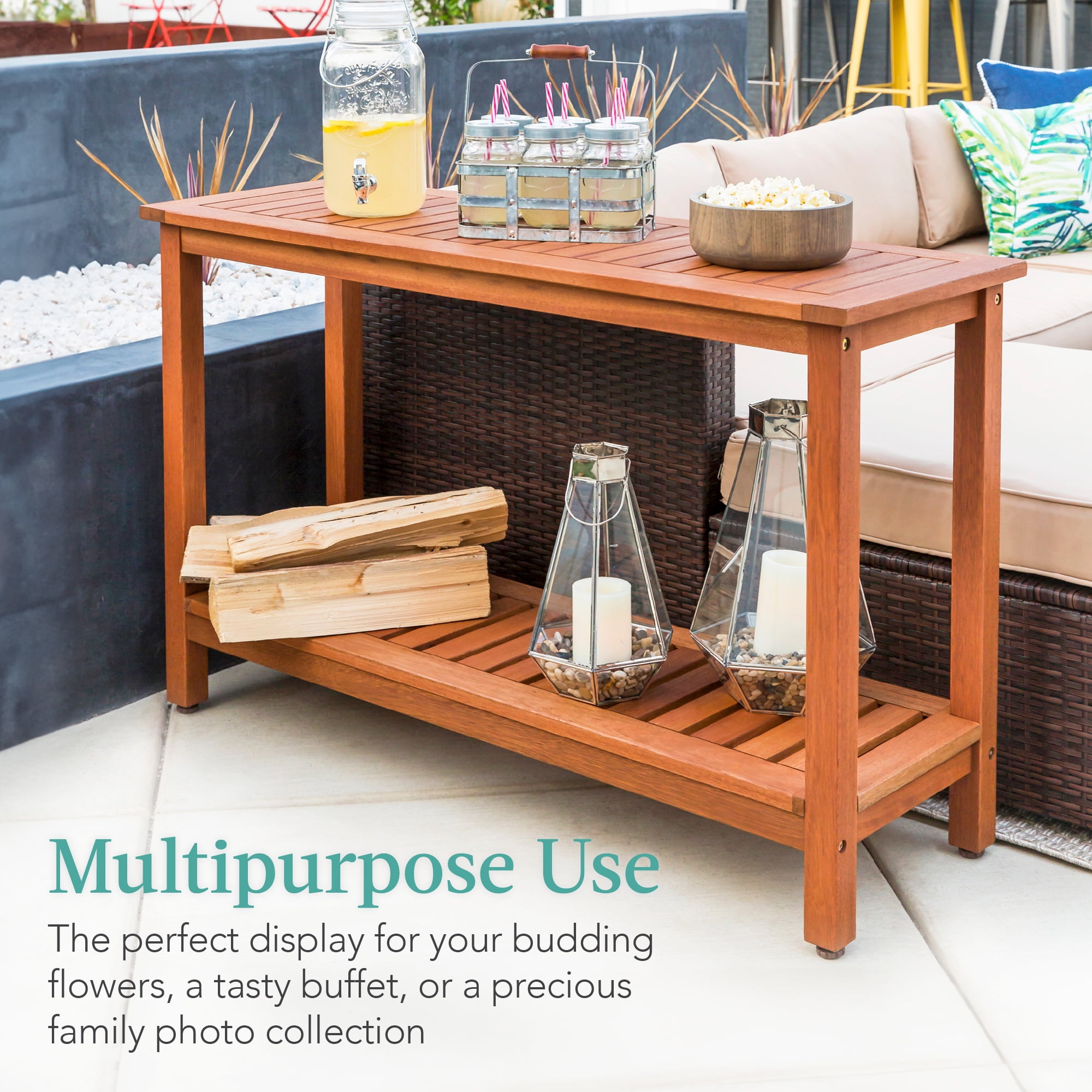 Best Choice Products 48in 2 Shelf Indoor Outdoor Wooden Console Table Multifunctional Buffet Bar Storage Natural