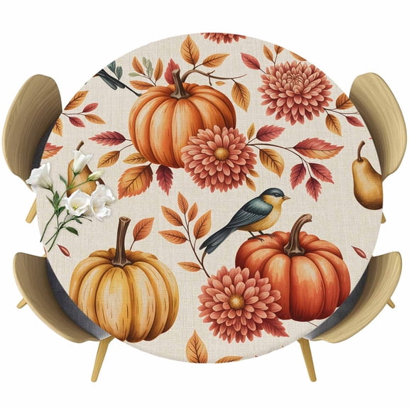 Fall Pumpkins Round Tablecloth, Fitted Table Cover with Elastic for 55"-60" Round Tables, Thanksgiving Flowers Vintage Leaves Birds Table Cloth Outdoor Indoor Dinning Party Waterproof Tablecloths