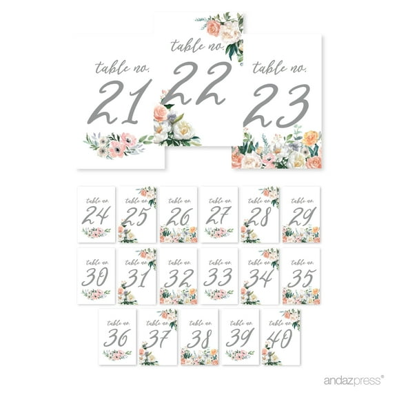Peach Coral Floral Garden Party, Table Numbers 21 - 40 on Perforated Paper, Single-Sided, 4 x 6-inch, 1 Set