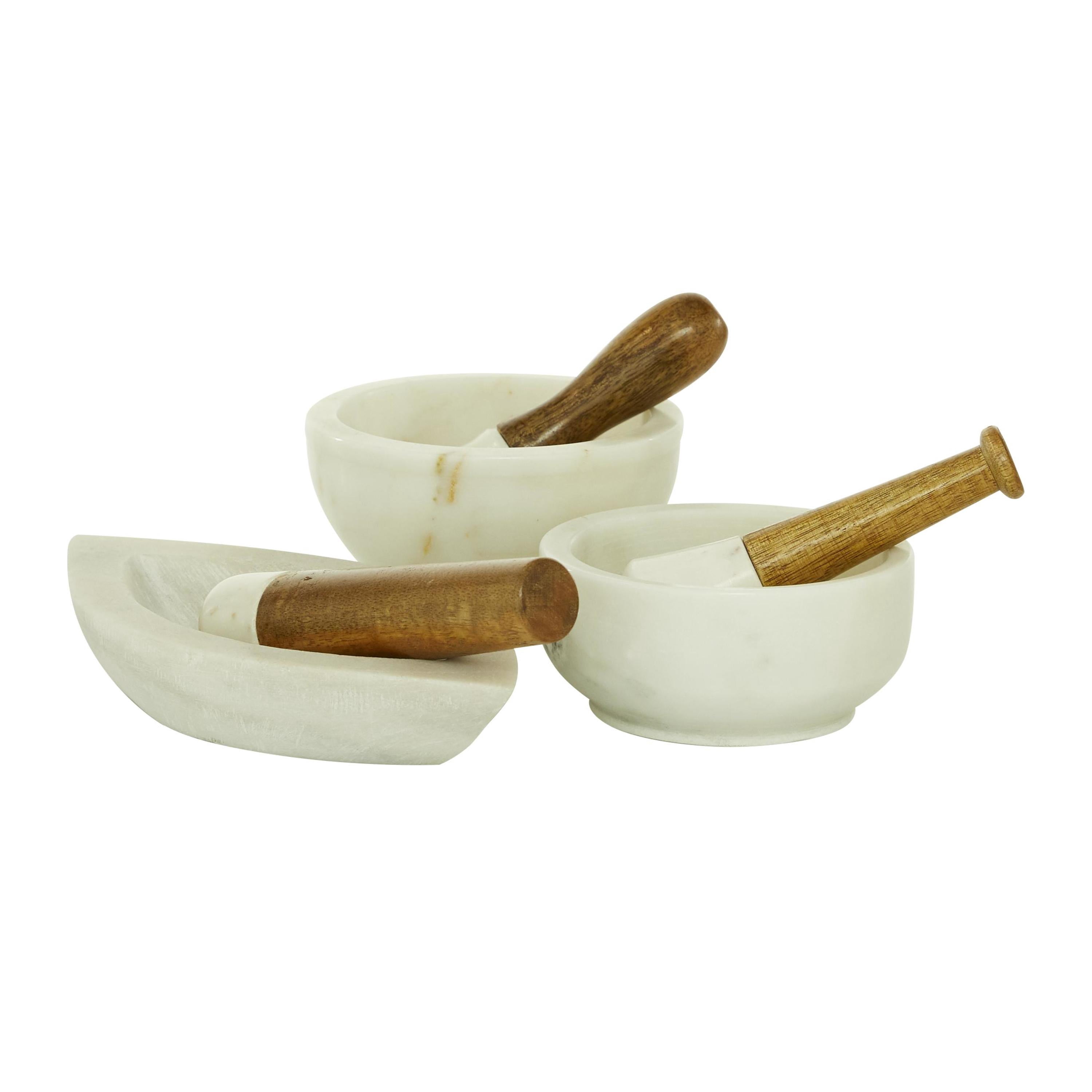 DecMode 6" x 5" White Marble Mortar And Pestel, 3-Pieces