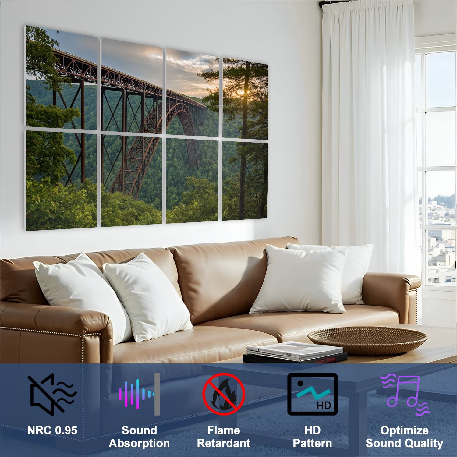 8 Pack Art Acoustic Panels Sound Absorbing Sunset New River Gorge Bridge West Virginia Decorative Soundproof Wall Panels Self Adhesive for Nursery Game Room Bedroom 48"x32"