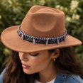 thumbnail image 4 of Qwertyu Wide Brim Western Cowboy Cowgirl Hat with Wind Lanyard Felt Fedora Hat for Men Women Khaki, 4 of 6