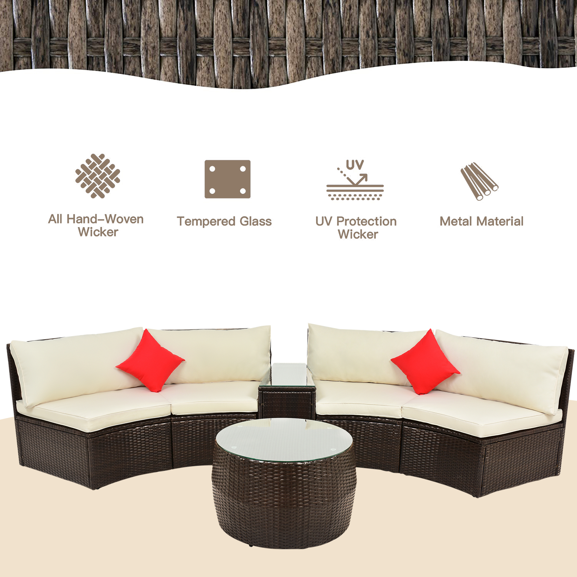 Outdoor Patio Sectional Furniture Wicker Sofa Set, 4-Piece Wicker Patio Conversation Furniture Set with 2 Double Half-Moon Sofa, 1 Coffee Table, 1 Side Table, 2 Pillow, Beige Padded Cushions, S5555 - image 4 of 9