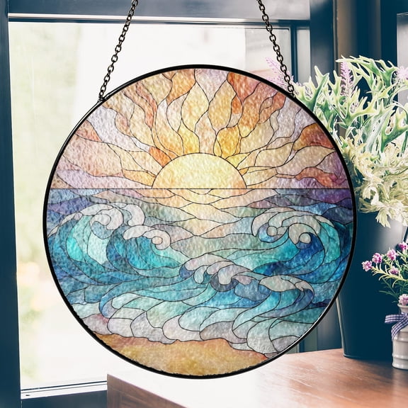 Beach Sunset Ocean Stained Glass Suncatcher Coastal Window Hanging Decor Gift For Beach Lover