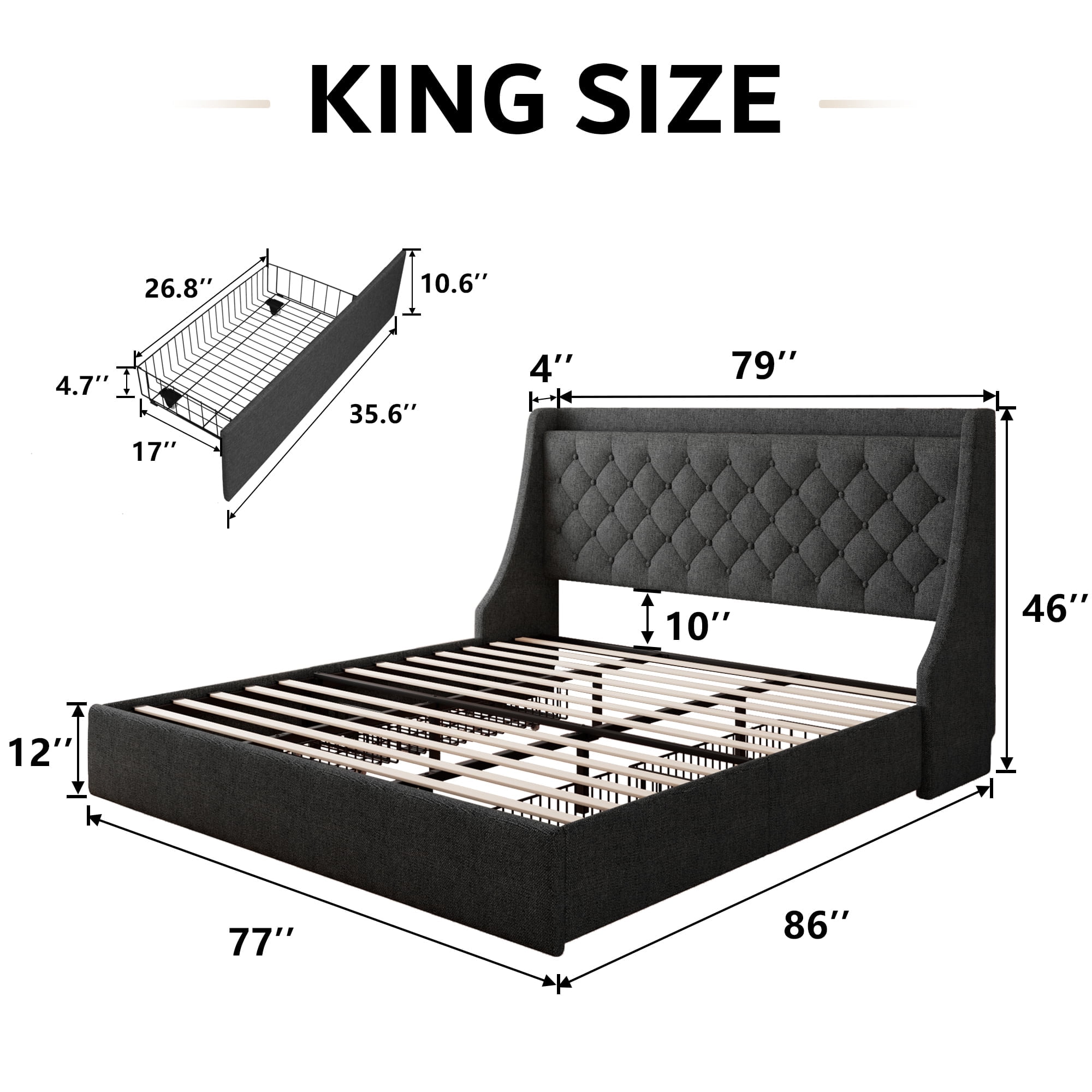 Virans King Bed Frame with 4 Storage Drawers, Upholstered Platform Bed Frame with Type-C & USB Ports, Wingback Storage Headboard, Dark Gray