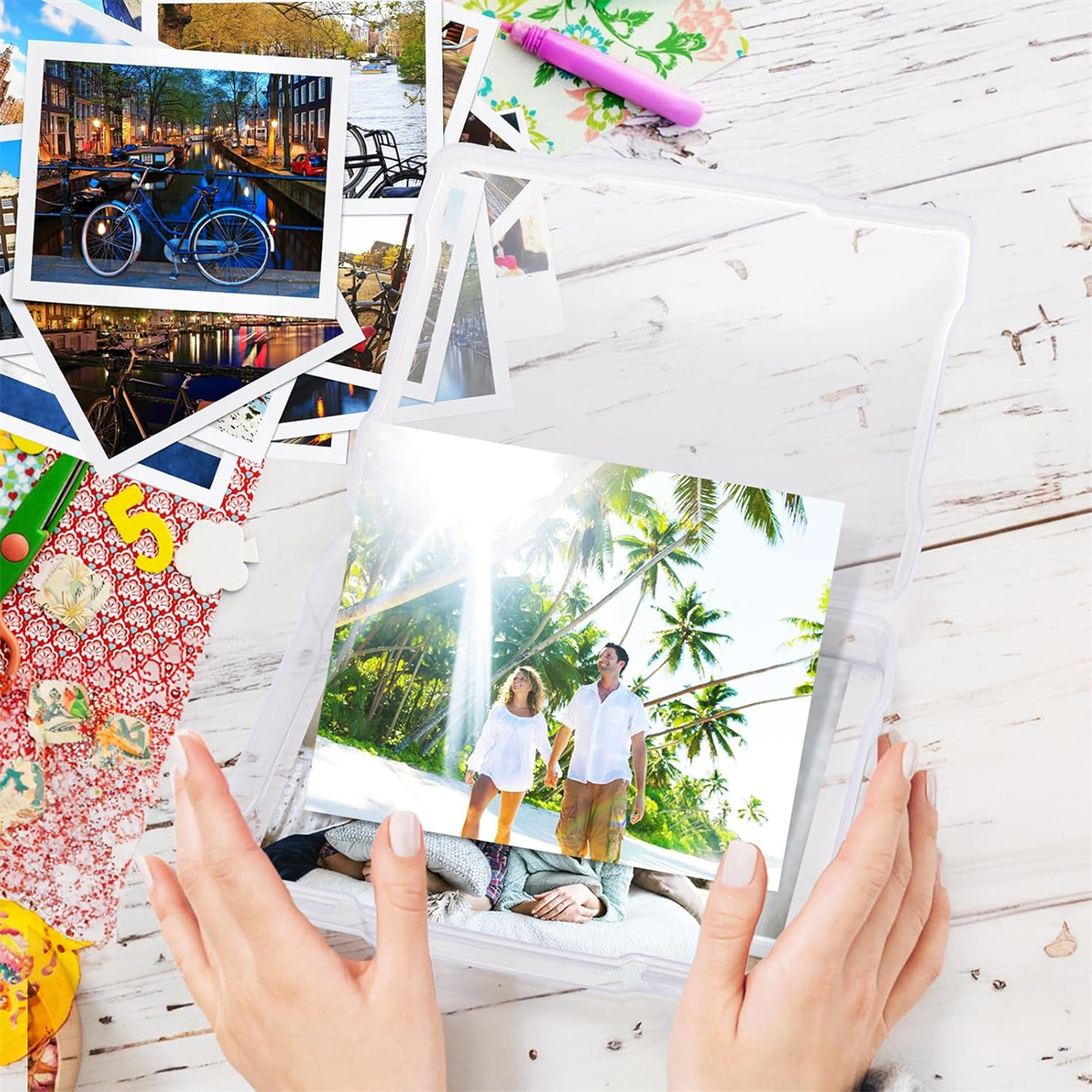 Tutuviw Photo Storage Box with 6 Inner Photo Keeper Containers, Transparent Snap-Tight Plastic Cases Clear Organizer Storage Box Greeting Card Storage & Organizer Box for Photos Crafts Office Supplies
