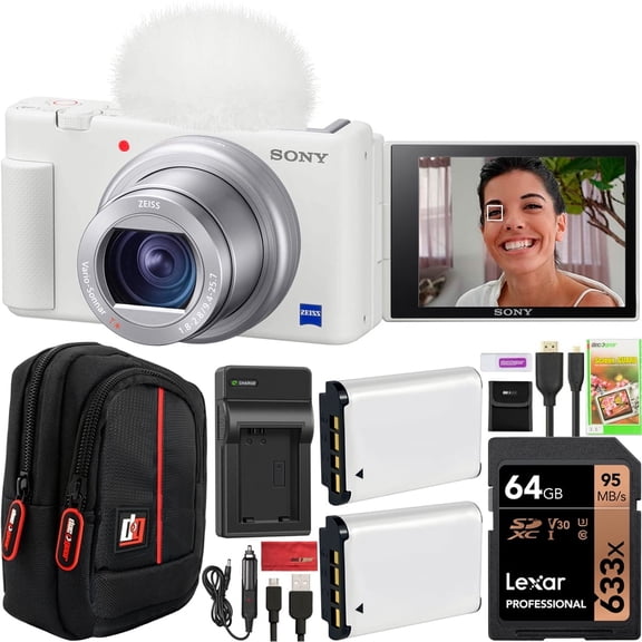Sony ZV-1 Compact Digital Vlogging 4K Camera for Content Creators & Vloggers DCZV1/W Double Battery Bundle With Deco Gear Case   64GB Card   External Charger and Accessories