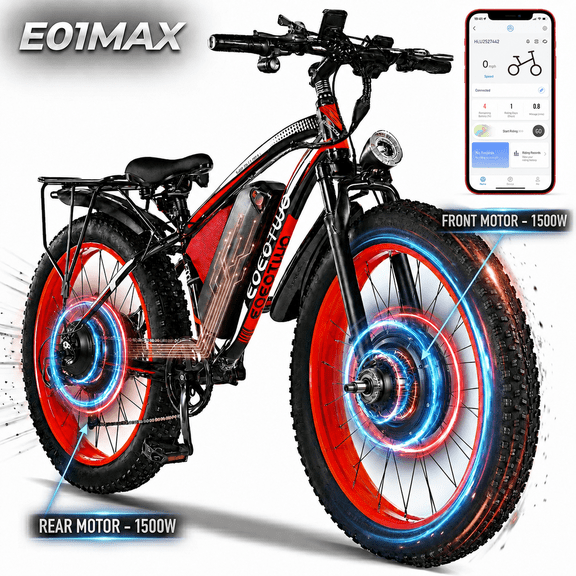 EOEOTWO E01MAX 26" Fat Tire Electric Bike for Adults, 3000W Peak Dual Motors, 40 MPH, 48V 23Ah Battery, Up to 80-Mile Range, Dual Hydraulic Disc Brakes, All-Terrain E-Bike, UL 2849 Certified