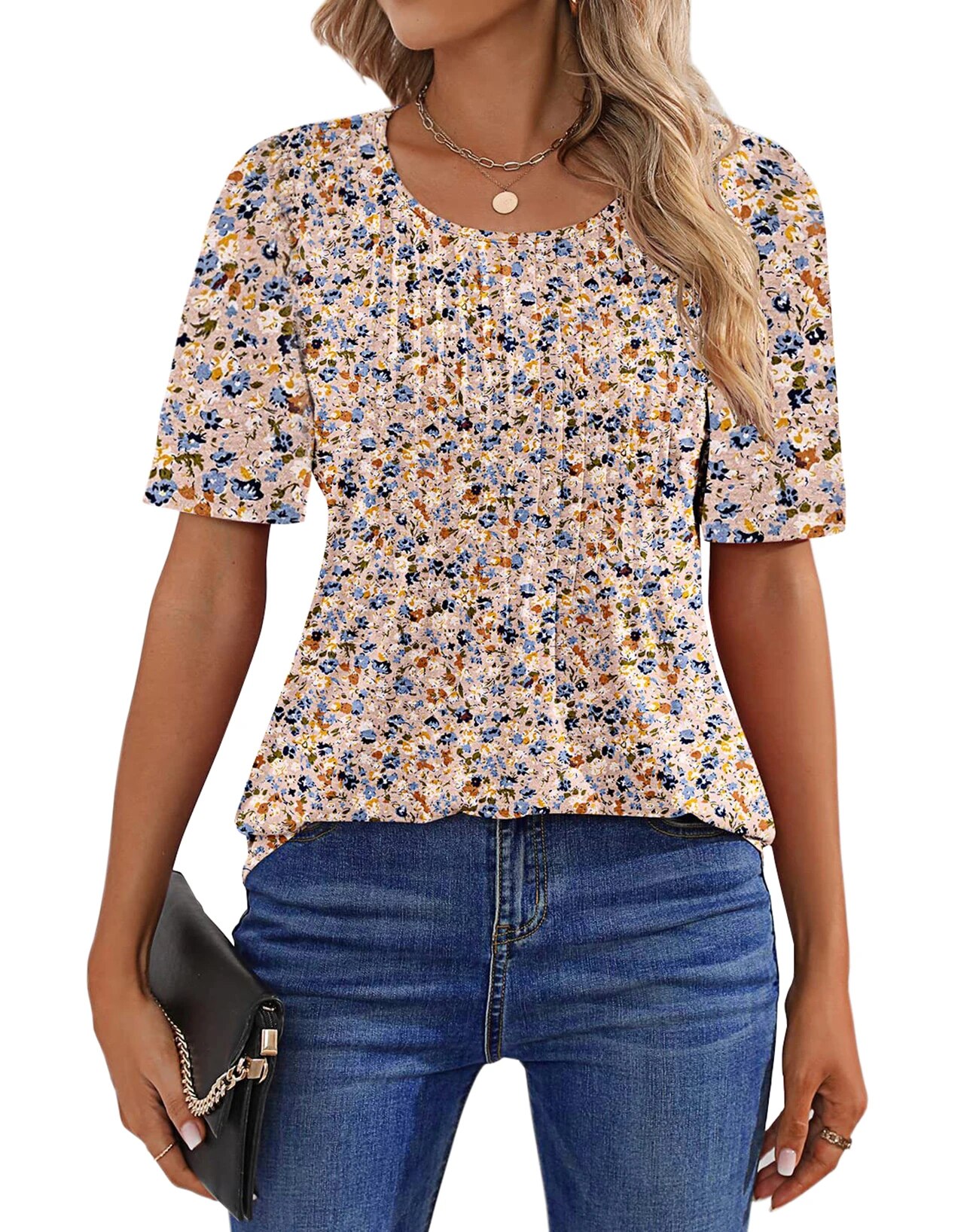 Blouses for Women Pleated Short Sleeve Tunic Tops Dressy Casual Summer Shirts