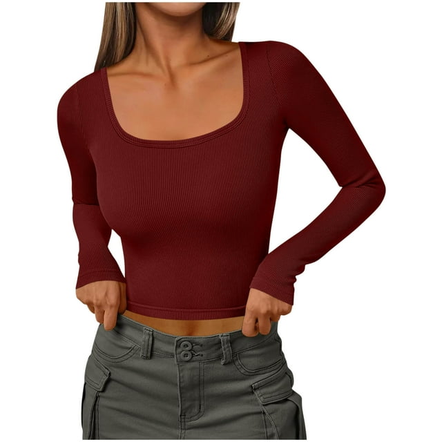 FAIWAD Womens Long Sleeve Shirts Square Neck Ribbed Knit Basic Crop Top Trendy Going Out Outfits