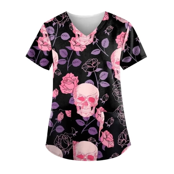 Blusa de manga corta con cuello en V para mujer, blusa de bolsillo con estampado de uniforme de trabajo Pompotops hkajfhjk473467