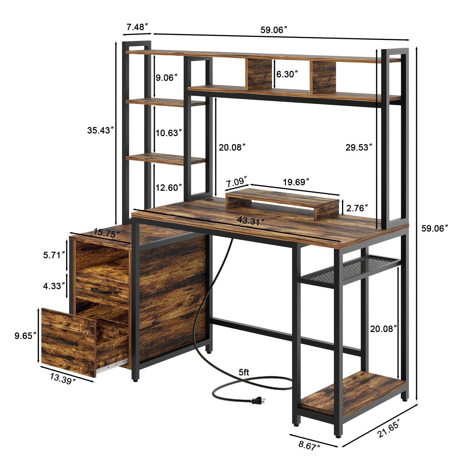59" Home Office Desk with LED Lights and Power Outlets, Gaming Desk with Drawers and Shelves, Rustic Brown Finish
