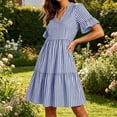 thumbnail image 6 of Long Sleeve Dress for Women Ndbuld Women's Summer Striped V-neck Pleated Casual Mini Beach Dress With Pockets Blue M, 6 of 9