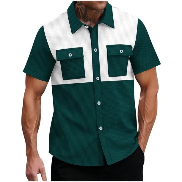 Camisas Casuales de Manga Corta con Botón, Solapa de Colores de Coincidencia con Bolsillos Dobles para la Moda, Al Aire Libre Y el Desgaste Casual