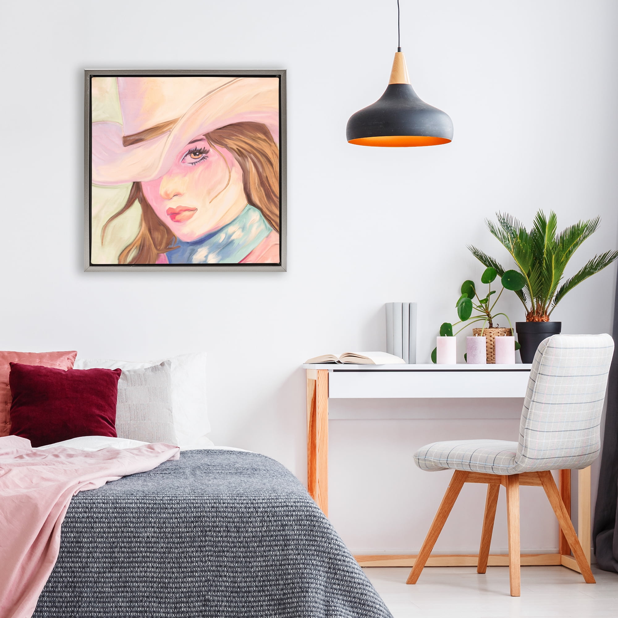 Pastel Cowgirl Brunette Gray Framed Floater Canvas Wall Art, design by Kim Allen